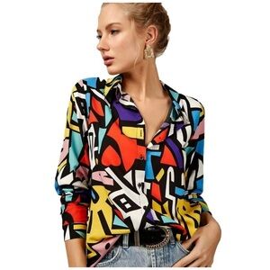 NEW Big Dart Colorful Geometric Print Button Up Blouse